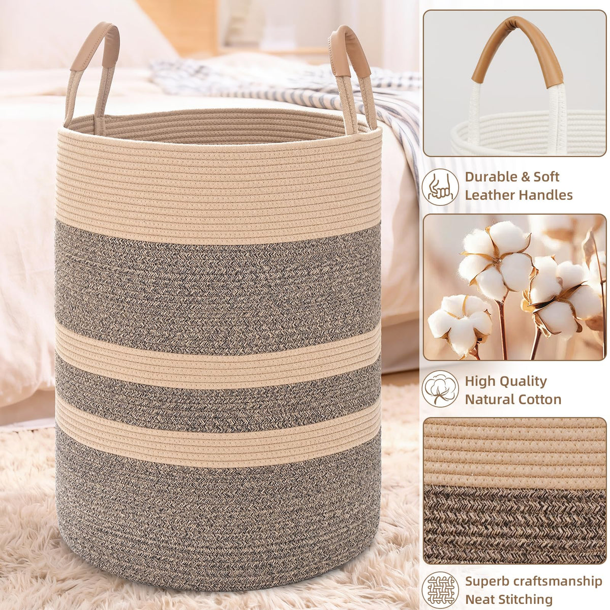Large Laundry Basket, Laundry Hamper with Leather Handles, 75L Woven Dirty Clothes Hamper, Rope Hampers , Barthroom