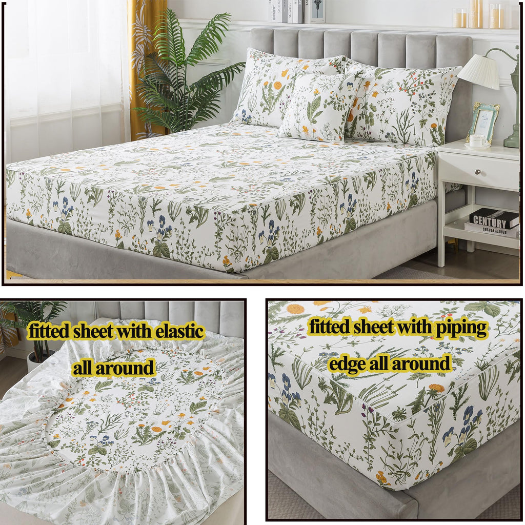 100% Percale Cotton Sheets Full Botanical Printed Floral Sheets Yellow Flowers & Leaves Pattern Farmhouse Bedding