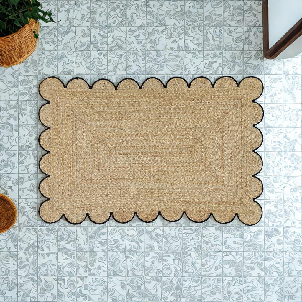 Scalloped Jute Area Rug - 2x3 Ft Natural Handwoven Rug with Black Trim - Farmhouse Boho Entryway Accent Rug Indoor