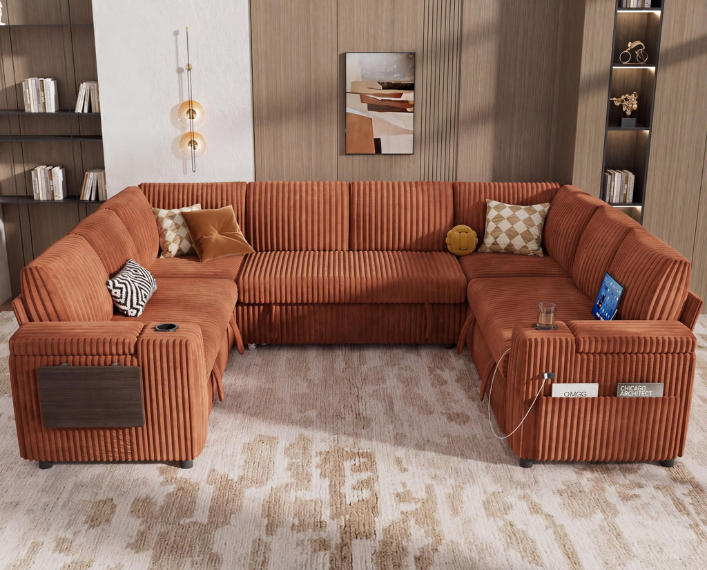 111" Modular Sectional Sleeper Sofa with Pull Out Bed, 8 Seat Plush Corduroy U Shaped Couch with Storage Chaise|USB