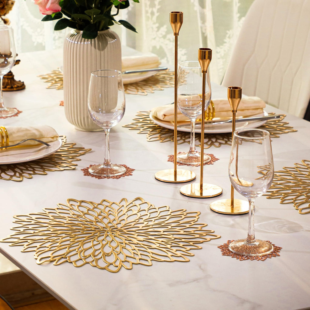 Pack of 18 Gold Placemats Metallic Round Leaf Bulk Pressed Vinyl Dinning Kitchen Table Charger Mats Decorations for