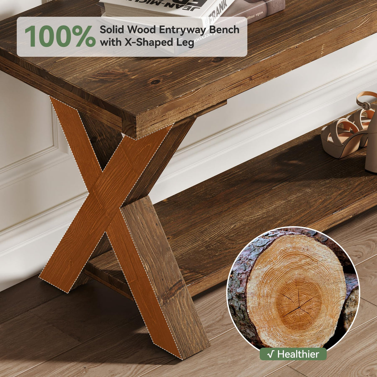 43.3" Solid Wood Bench, Farmhouse Wooden Entryway Bench with Storage Shelf, X-Shaped Leg Design, Entry Way Shoe