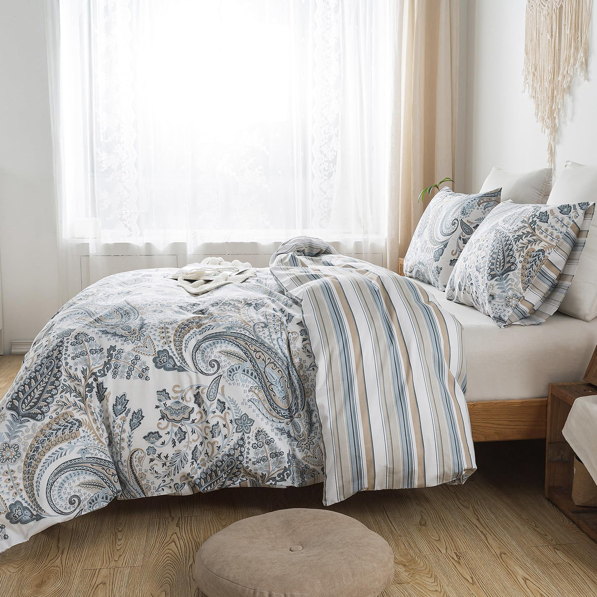 Cotton Duvet Cover Queen - 3pcs Paisley Comforter Cover, Soft & Breathable Floral Bedding Duvet Cover Sets with