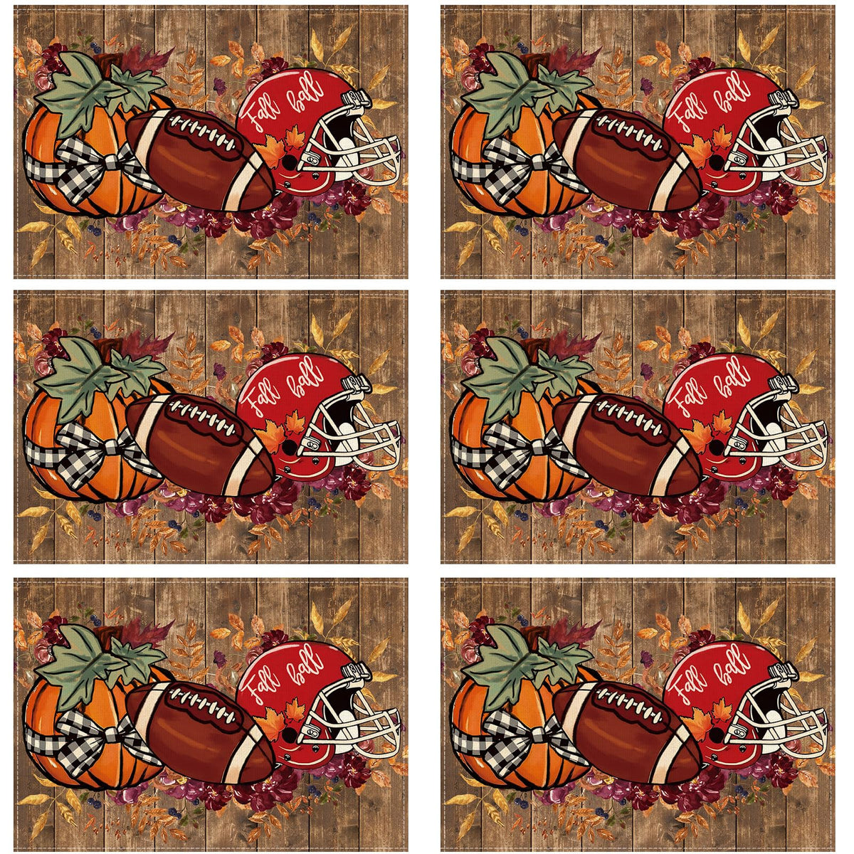 Fall Football Helmet Pumpkin Placemats Set of 6 Table Decor 12x18 Inch