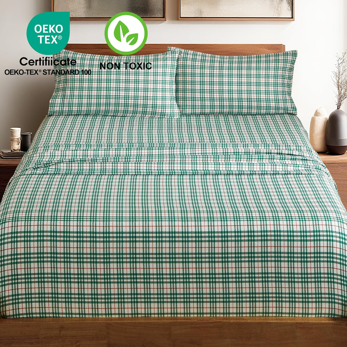 Green Checkered Sheets, Plaid Patterned, Deep Pocket 4pc