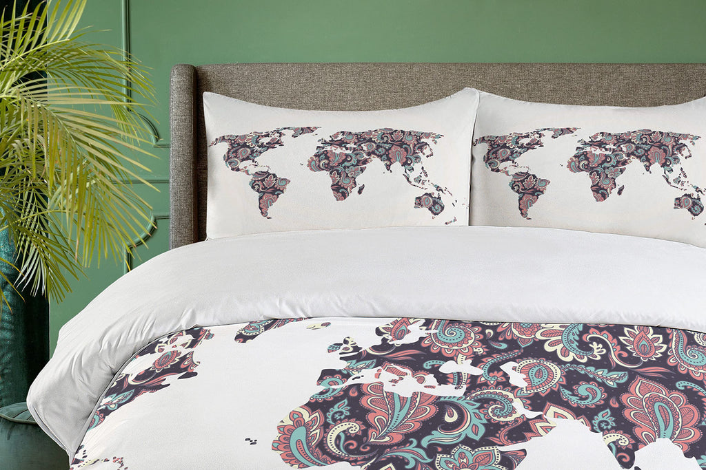 Floral World Map Duvet Cover Set, Paisley Leaves Ornamental Eastern Style Old Fashioned Design, Decorative 3 Piece