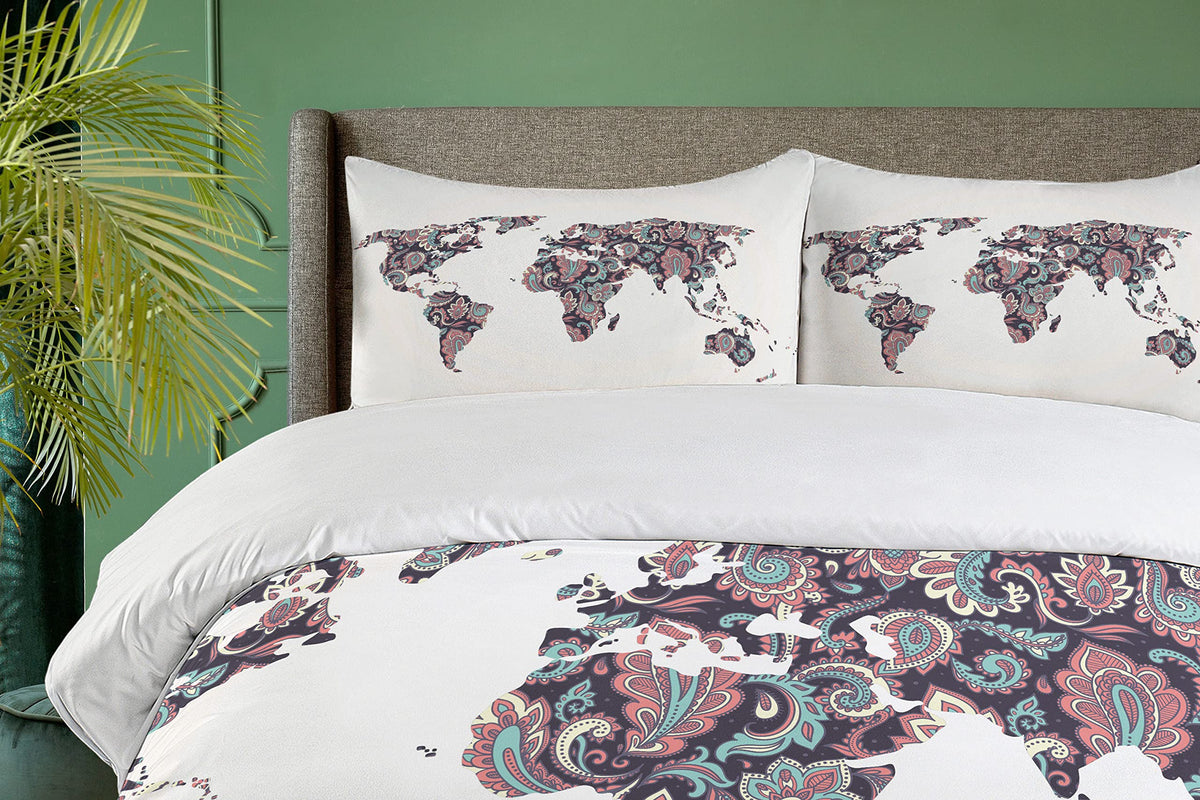 Floral World Map Duvet Cover Set, Paisley Leaves Ornamental Eastern Style Old Fashioned Design, Decorative 3 Piece