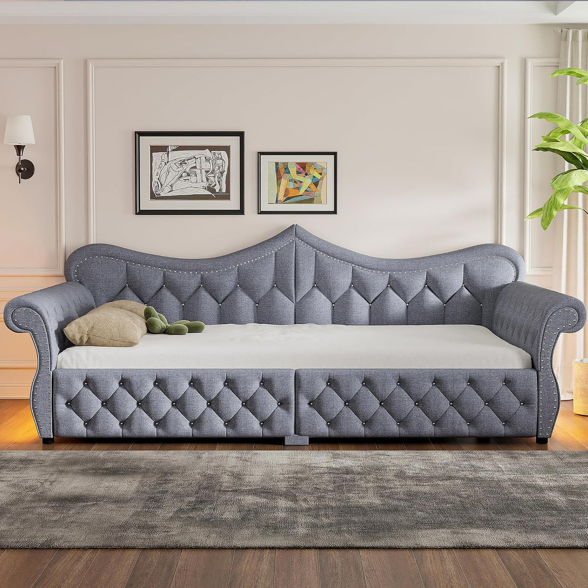Queen Size Upholstered Daybed with LED Lights, Convertible Sofa Bed with Nailhead Trim, Tufted Design, Wooden Frame
