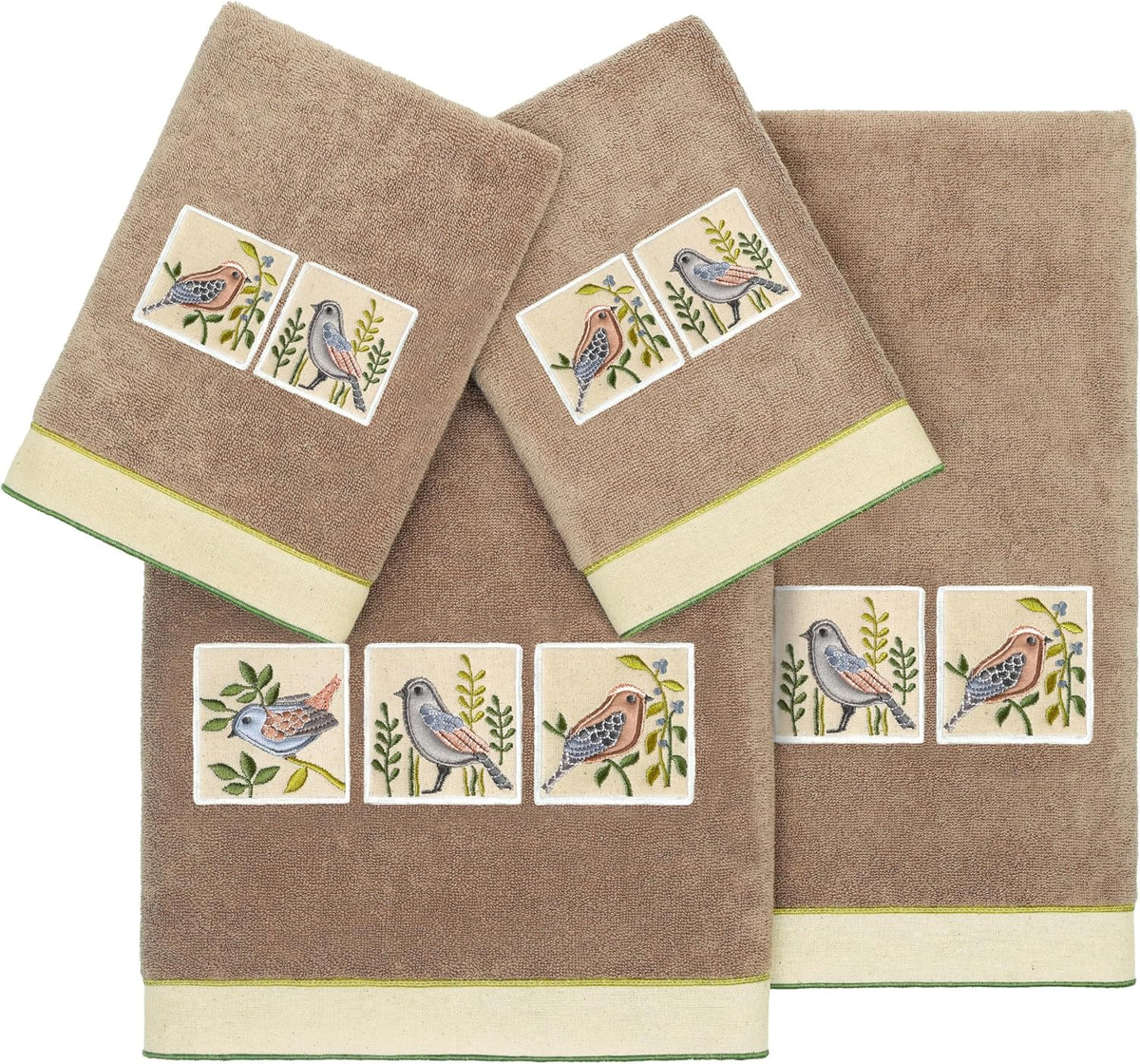 Vibrance 4-Piece Towel Set, Embroidered Birds, Premium Turkish Cotton, Plush Comfort, Country Elegance, 2 Bath 2 Hand