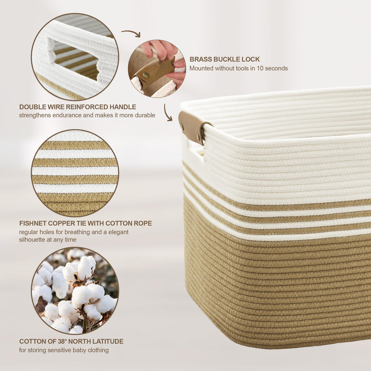 60L Woven Laundry Basket Hamper with Leather Handles,Khaki