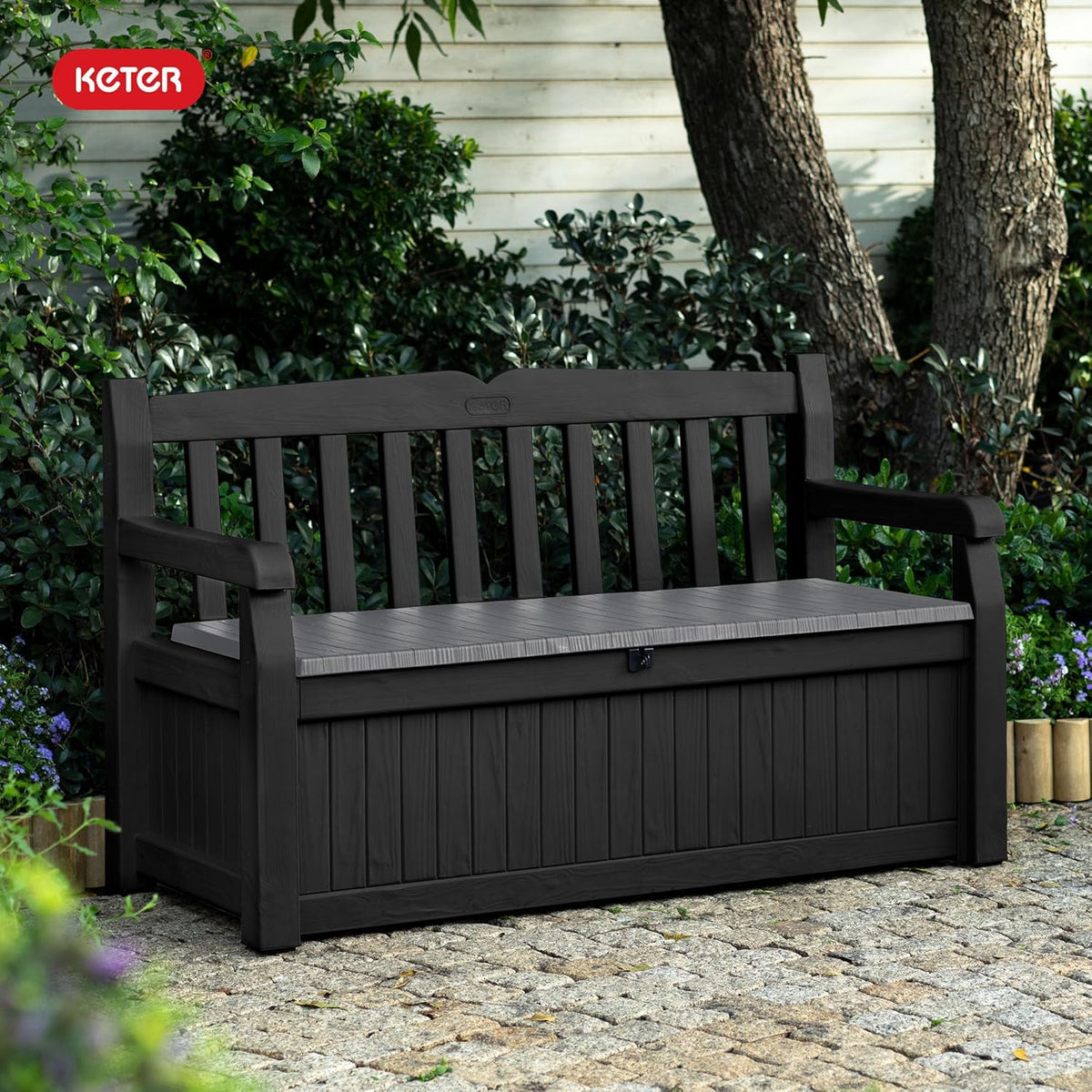 Solana 70 Gal Outdoor Storage Bench and Pool Accessories | Grey, Resin, Seating, Weatherproof, Lockable, Durable