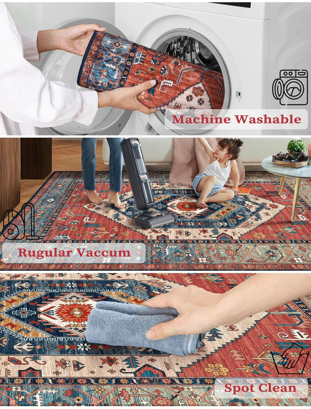 2'6"x10' Washable Non Slip Boho Runner Rug, Rust