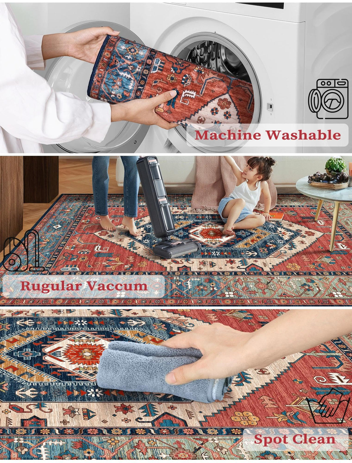 2'6"x10' Washable Non Slip Boho Runner Rug, Rust