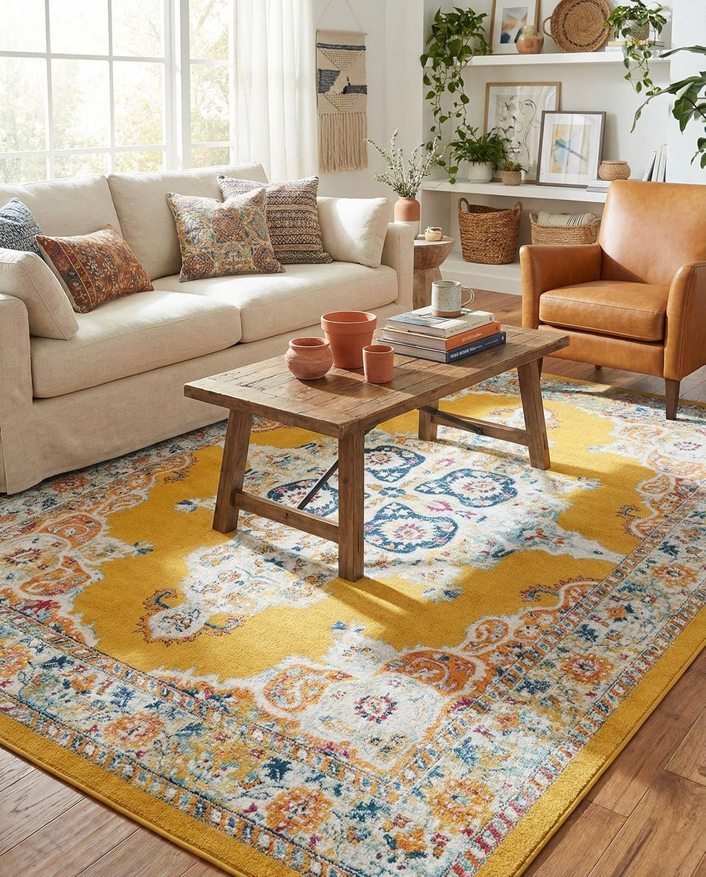 Parker Rug - Yellow Easy-Clean Rug - Vintage Medallion Style for Living Rooms and Large Bedrooms