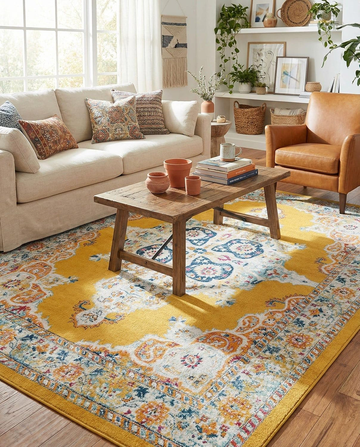 Parker Rug - Yellow Easy-Clean Rug - Vintage Medallion Style for Living Rooms and Large Bedrooms