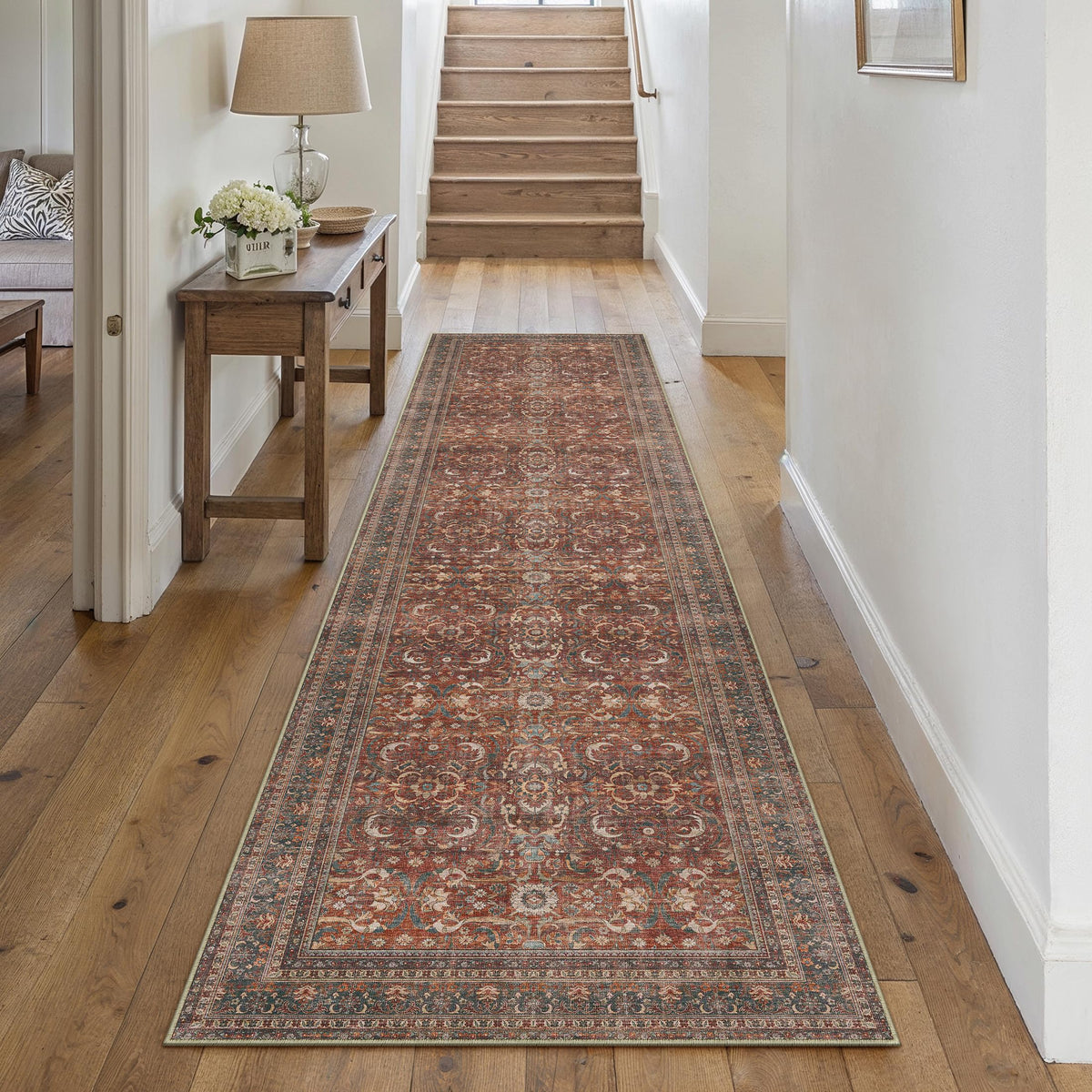 Brick Red Vintage Distressed Washable Runner Rug