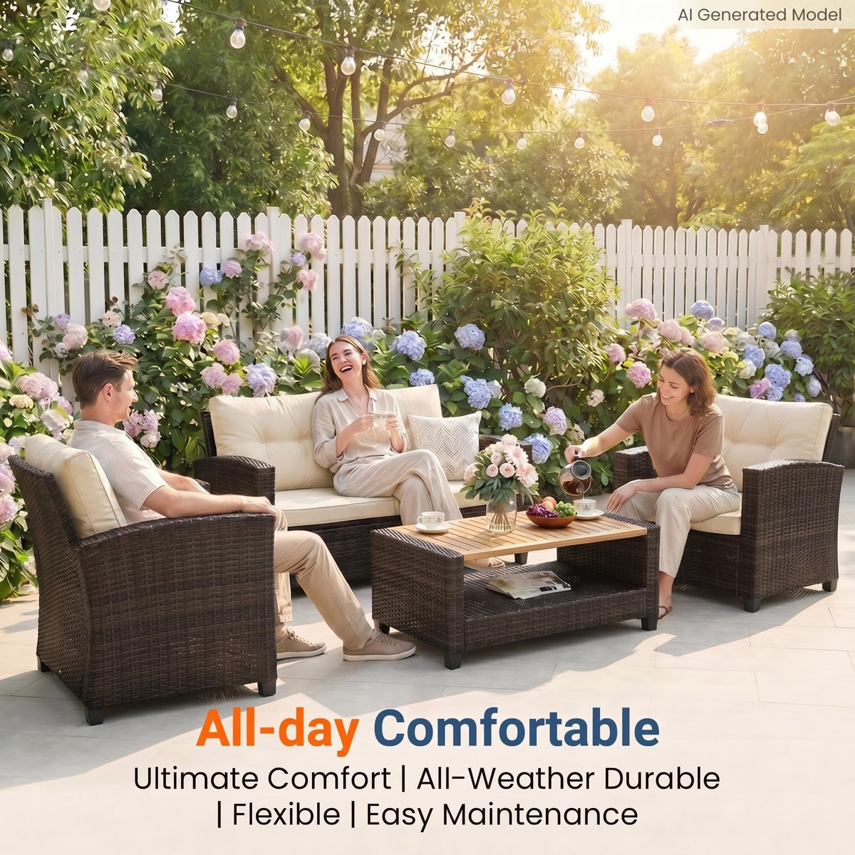 4 Piece Wicker Patio Furniture Set - Sturdy, Easy Assembly, Modern Design