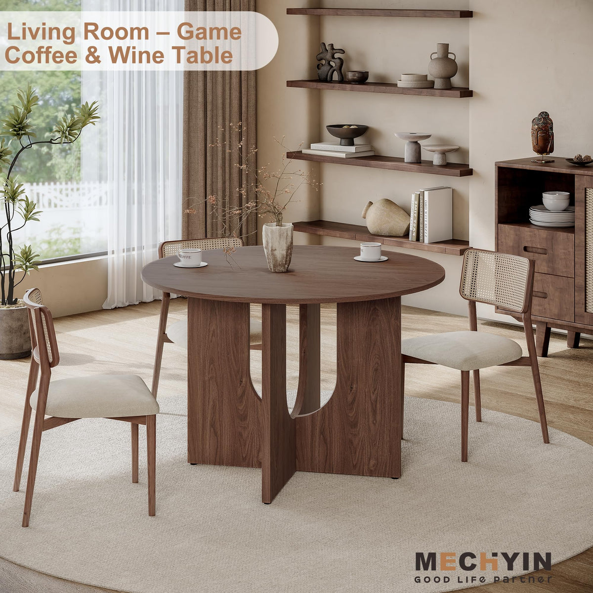 Inspired Saarinen Style Round Dining Table for 4, 43" Mid Century Kitchen Table with Sculptural U-Shaped Pedestal Base, Walnut Dinner Table