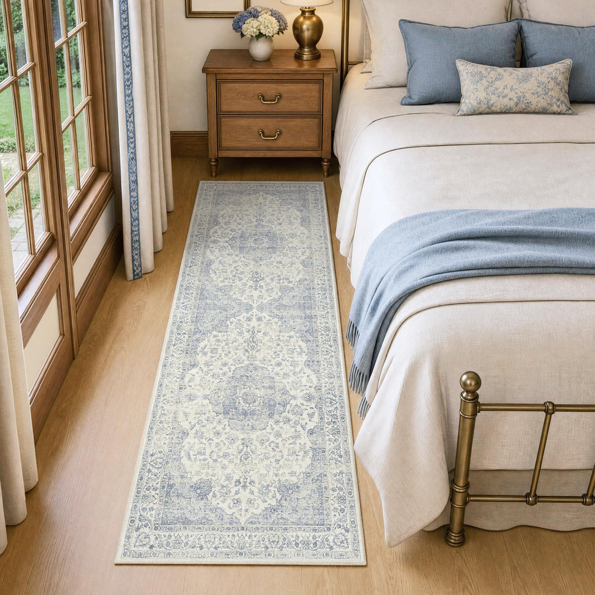 Hallway Runner Rug Washable Blue Neutral Vintage Distressed