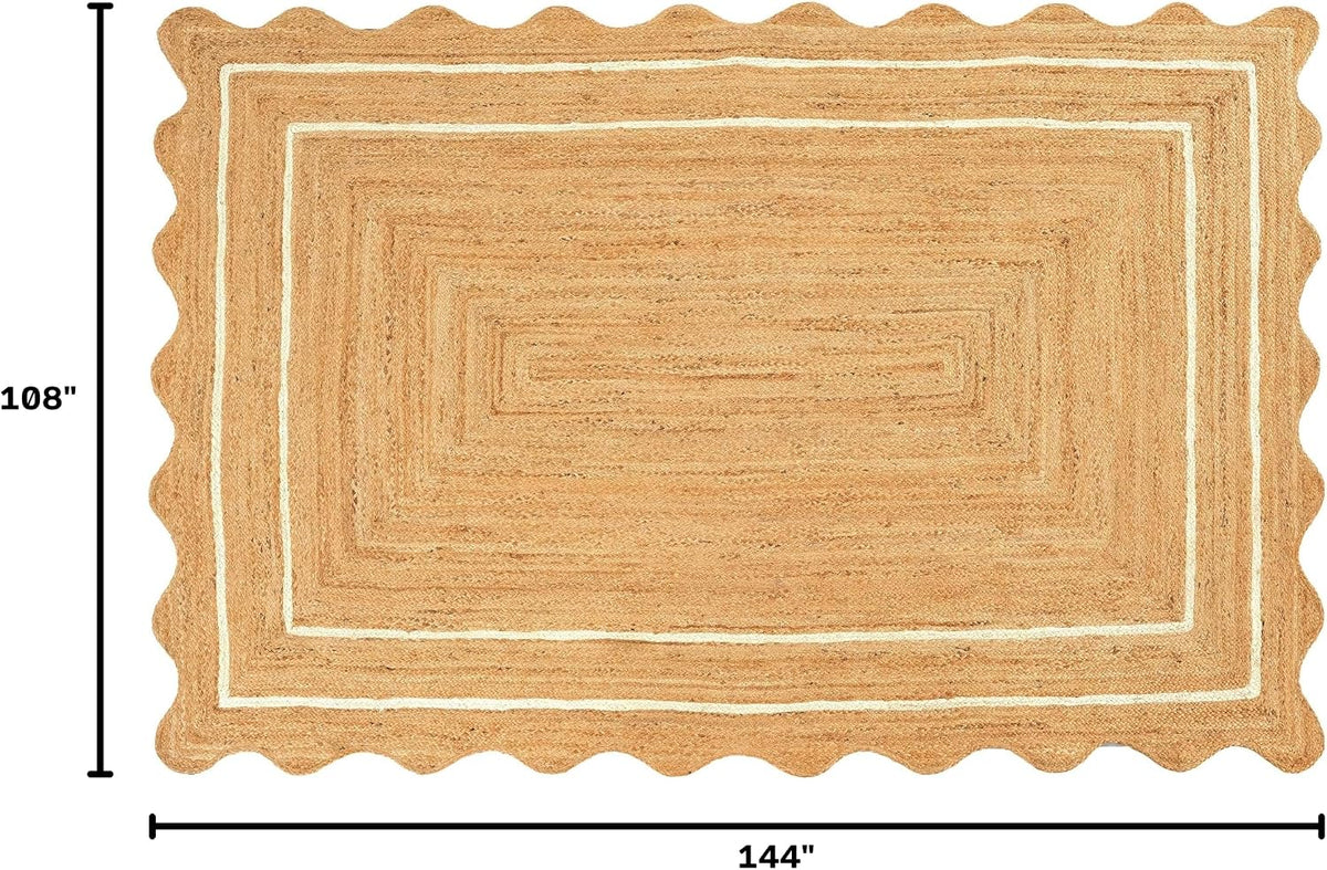 Jute Area Rug Natural Wave Scallop Ivory Border Handmade Rug