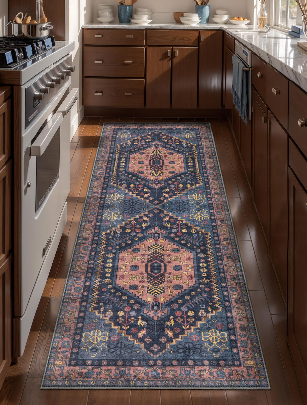 Runner Rug, Washable Hallway Vintage Low-Pile Kitchen Carpet