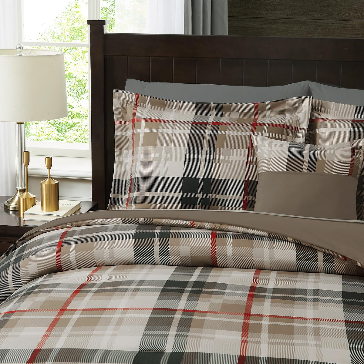 Plaid Comforter Set Khaki 7 Pieces Farmhouse Bed in a Bag