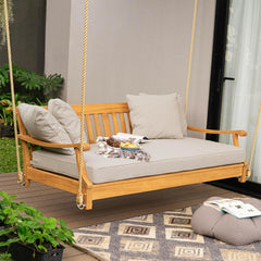 Robin Teak Wood 6 FT Porch Swing Bed, Upgraded Patio Porch Swing Daybed with Thick Cushion Support, 750 LB Weight