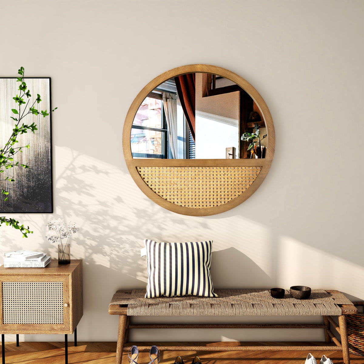 24" Rattan Round Mirror, Boho Hand-Woven Wooden Wall Mirror