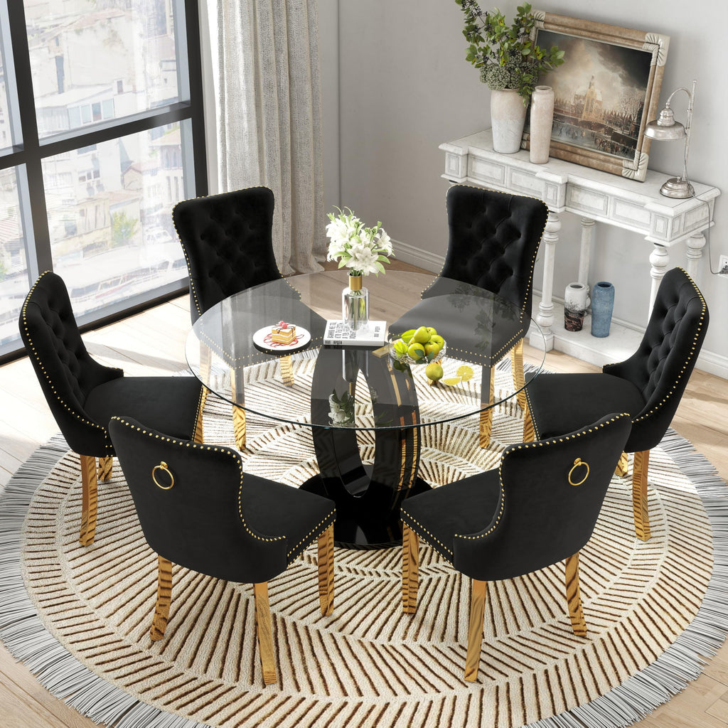 Modern 47" Clear Glass Round Dining Table Set, 7 PCS Luxury Circle Glass Top Kitchen Table with Gold Decorative