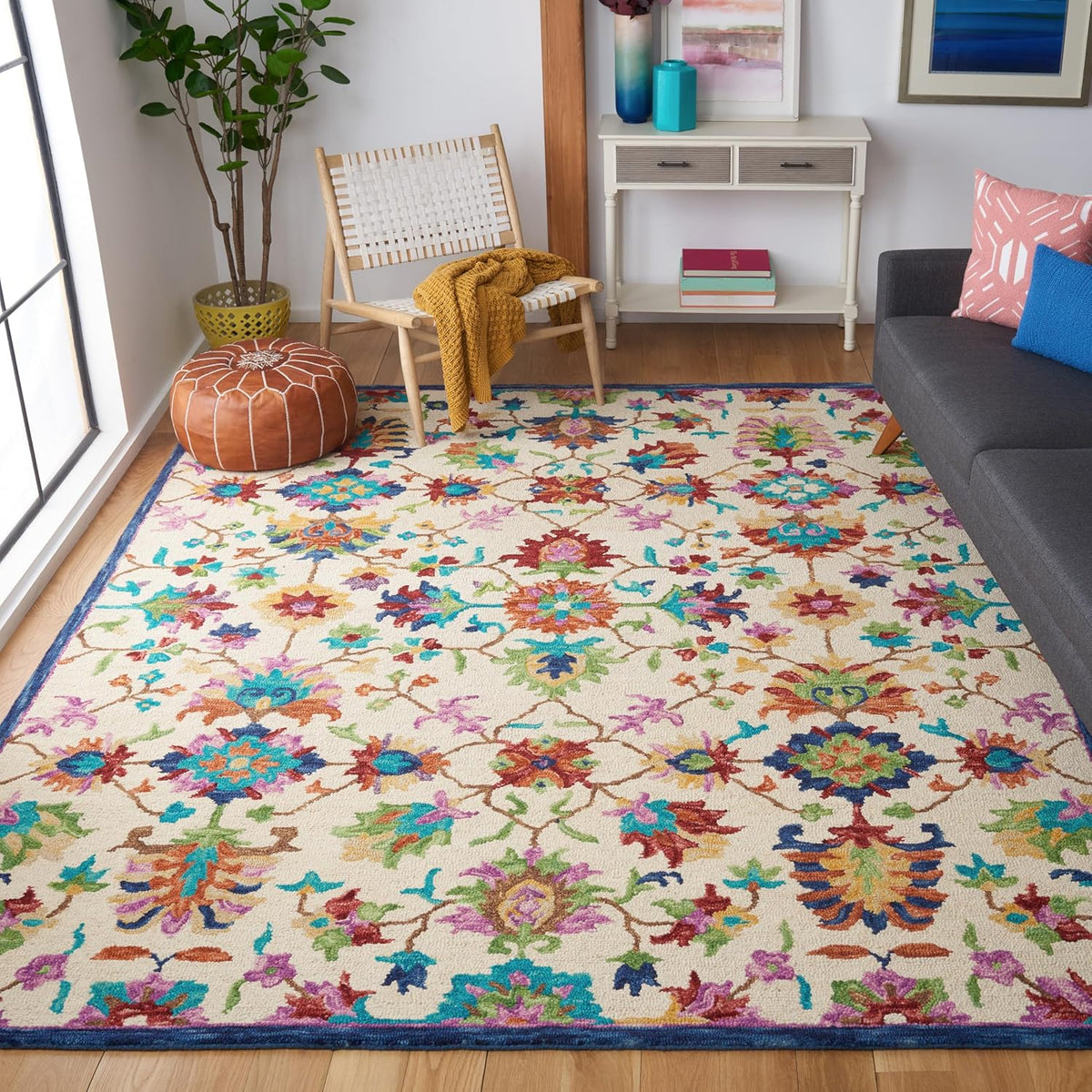 Aspen Collection Area Rug, Ivory & Blue, Handmade Boho Floral Wool, Ideal for High Traffic Areas in Living