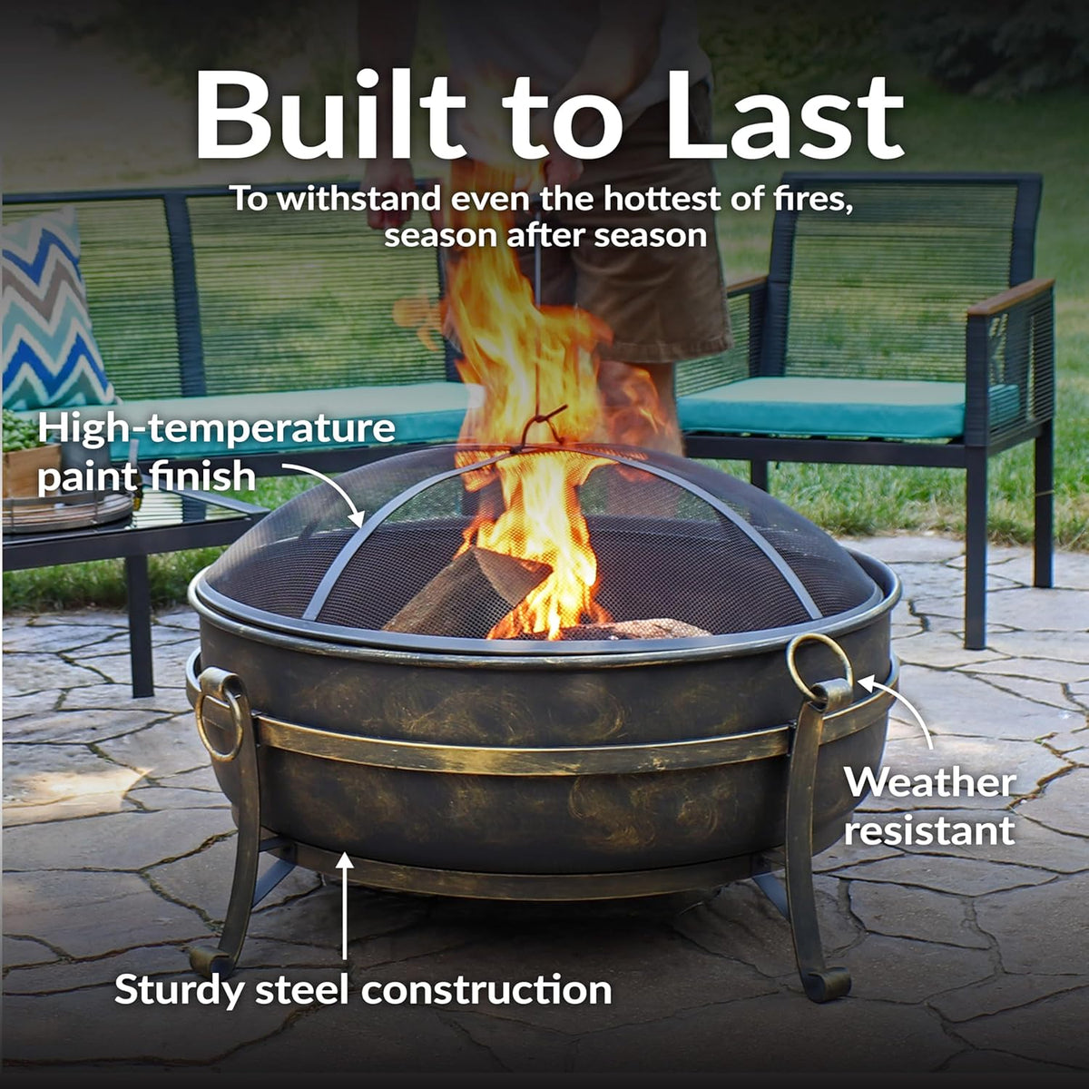 34-Inch Steel Large Fire Pit for Outside - Wood-Burning Fire Pit Bowl for Outdoors with Spark Screen, Log Poker
