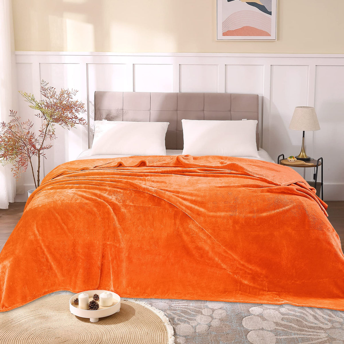 Fleece Blanket Soft Fall Queen Size Bed Blanket Orange 90"x90"