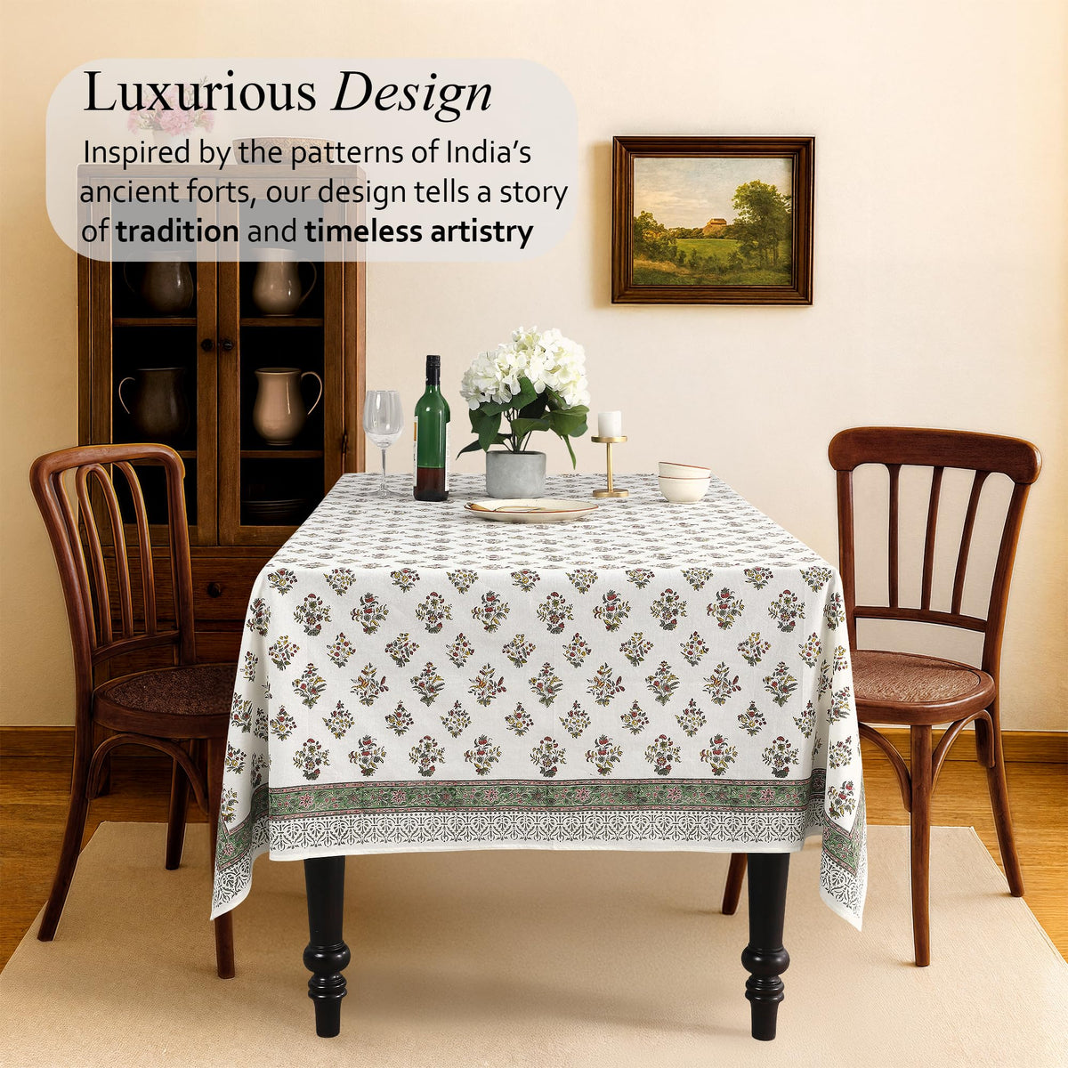 CPC Fall Green Block Print 100% Cotton Rectangle Tablecloth 52x70 Inch