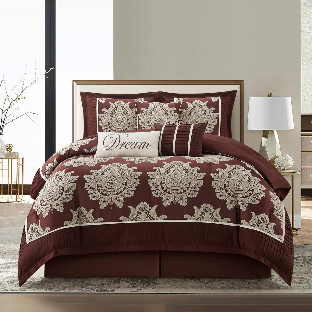 Burgundy Comforter Set, 7 Piece Damask Patchwork Bedding, Jacquard with Matching Solid Piecework Bedding