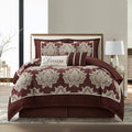 Burgundy Comforter Set, 7 Piece Damask Patchwork Bedding, Jacquard with Matching Solid Piecework Bedding