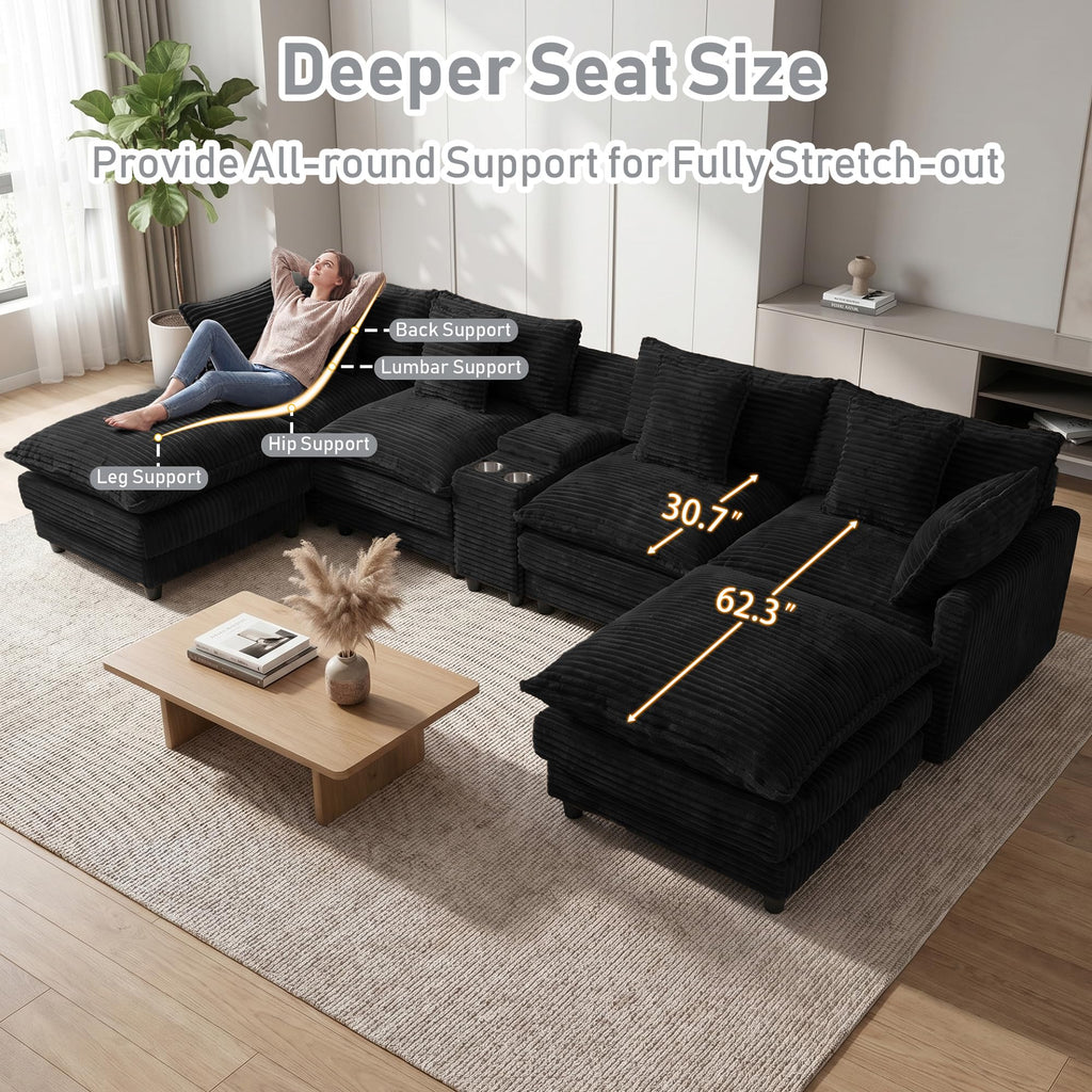 143" Oversized U Shaped Cloud Couch Sectional Sofa with 2 Ottoman, Black