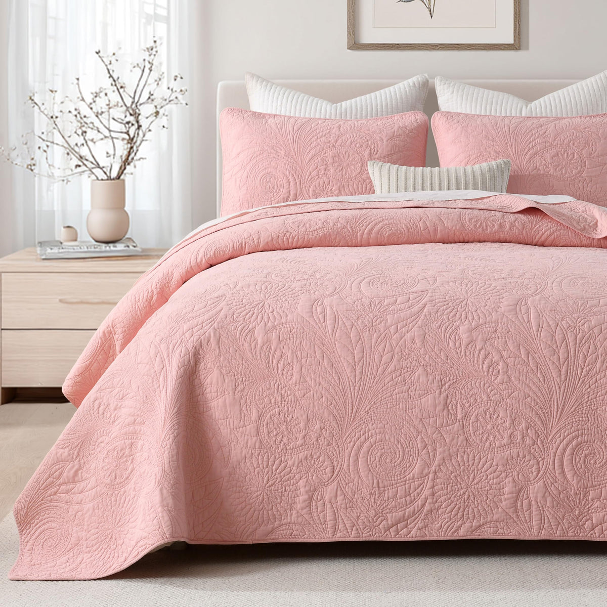 100% Cotton California King Size Quilt Set, Pink Paisley Bedspread