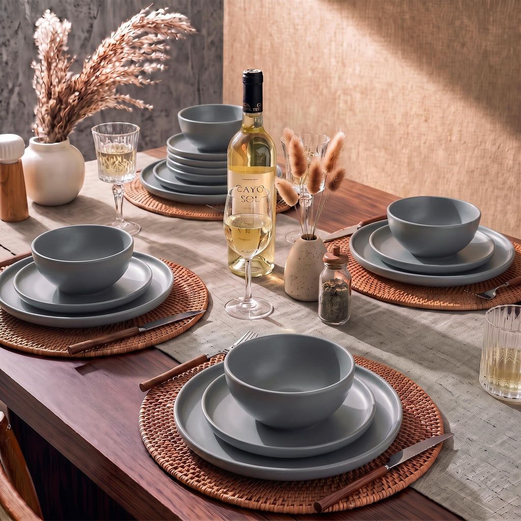 Stoneware Dinnerware Sets Service for 4, 12 pcs Plates and Bowls Set