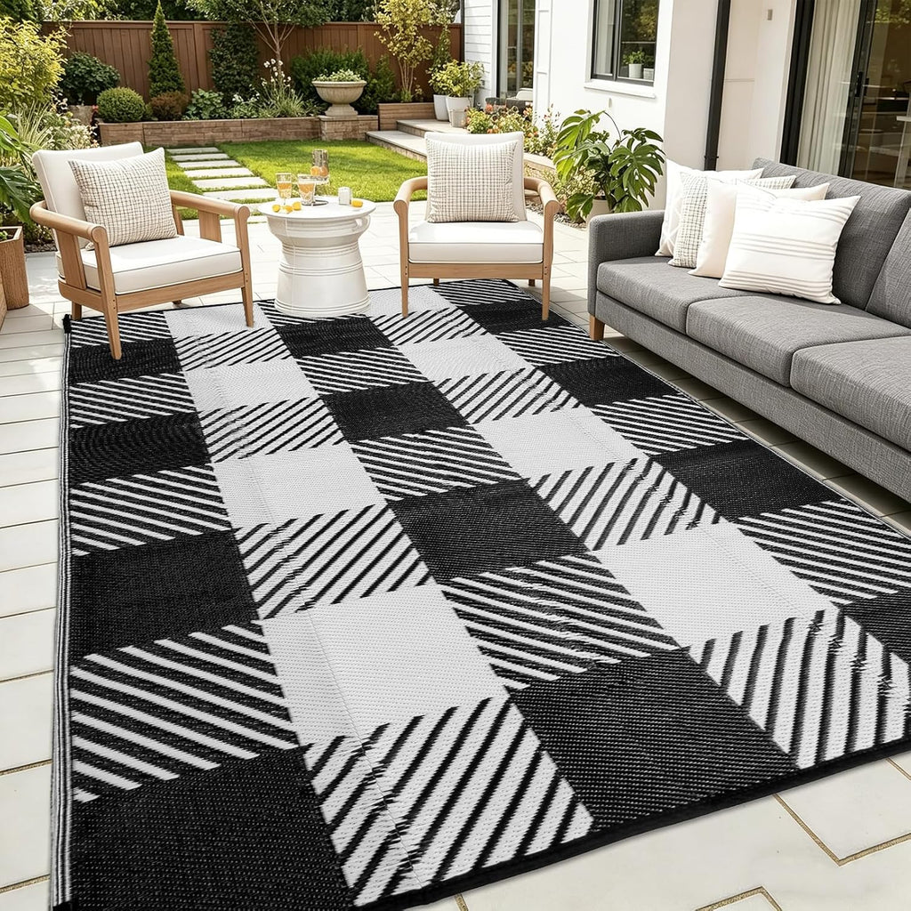 Reversible Waterproof Outdoor Rug, Black & White Checkered