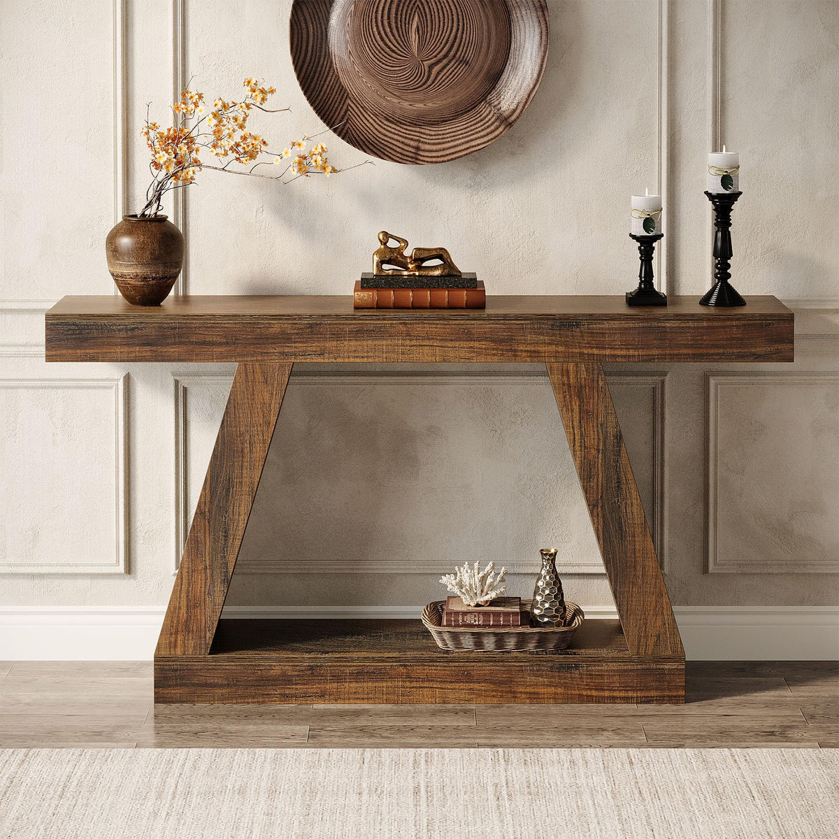 Farmhouse Console Table, 55-Inch Rustic Sofa Table with Storage, Industrial Wooden Entryway Table, Dark Brown