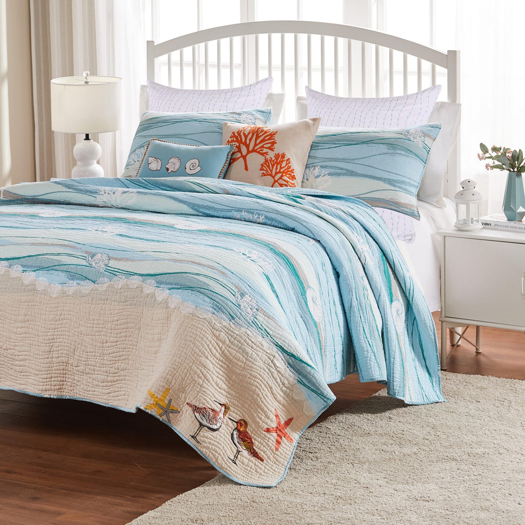 Maui Embroidered Coastal Quilt Set with Decorative Pillows and Euro Shams, (7-Piece)