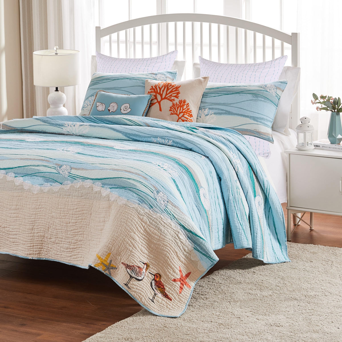 Maui Embroidered Coastal Quilt Set with Decorative Pillows and Euro Shams, (7-Piece)