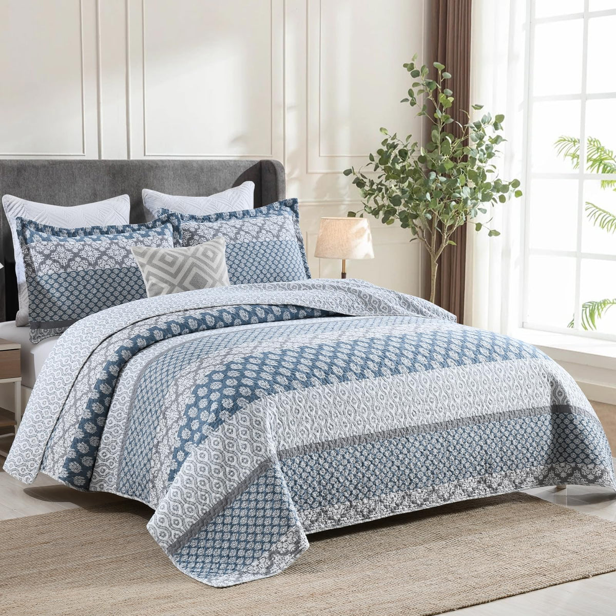 Quilts, Blue Gray Floral Striped Design Quilt Set