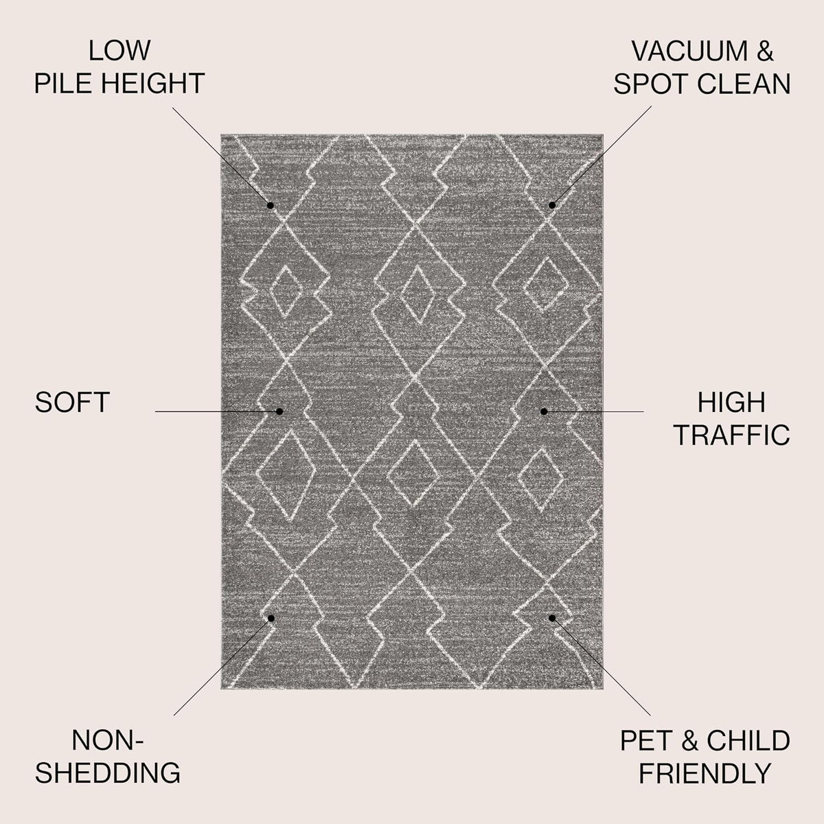 Alia Moroccan Beni Souk Gray/Cream Indoor Area Rug, Bohemian, Scandinavian, Easy-Cleaning, Pet Friendly