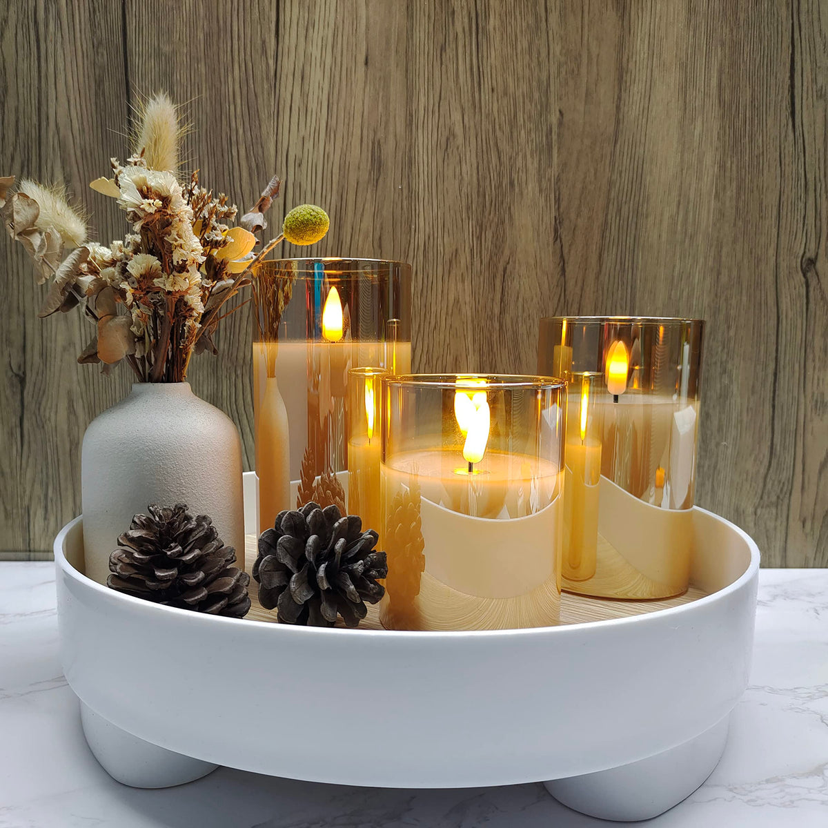 Glass Battery Operated LED Flameless Candles with Remote and Timer, Real Wax Candles Warm Color Flickering Light for