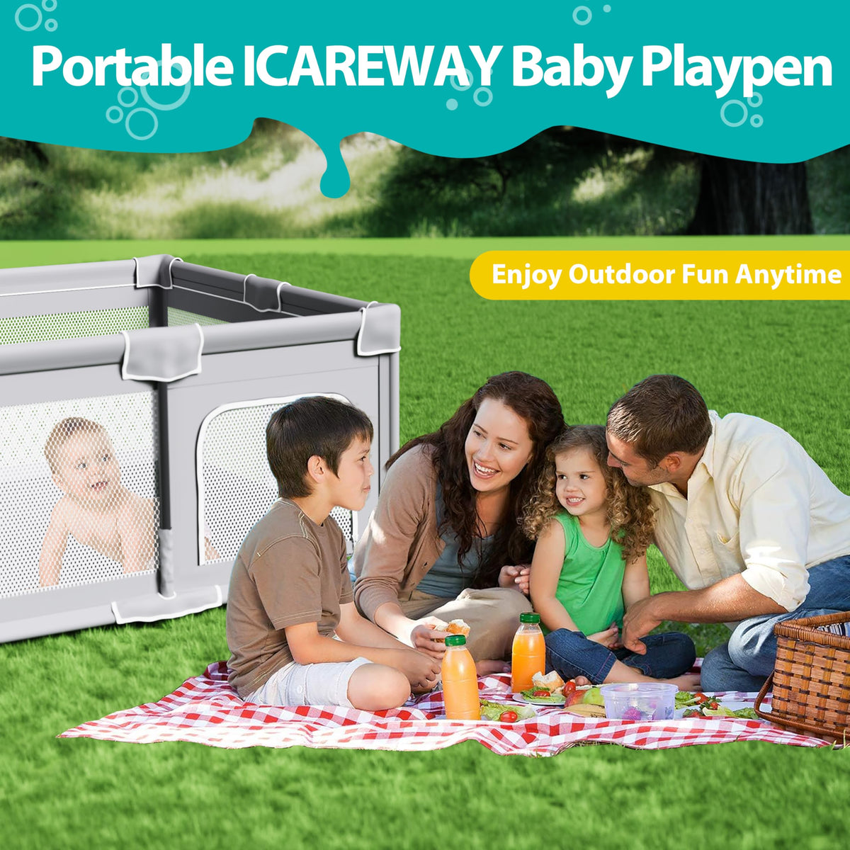 Foldable Playpen for Babies and Toddlers, 50x50 Inches Portable Playpen, Kids Collapsible Play Pen with 2 Handlers