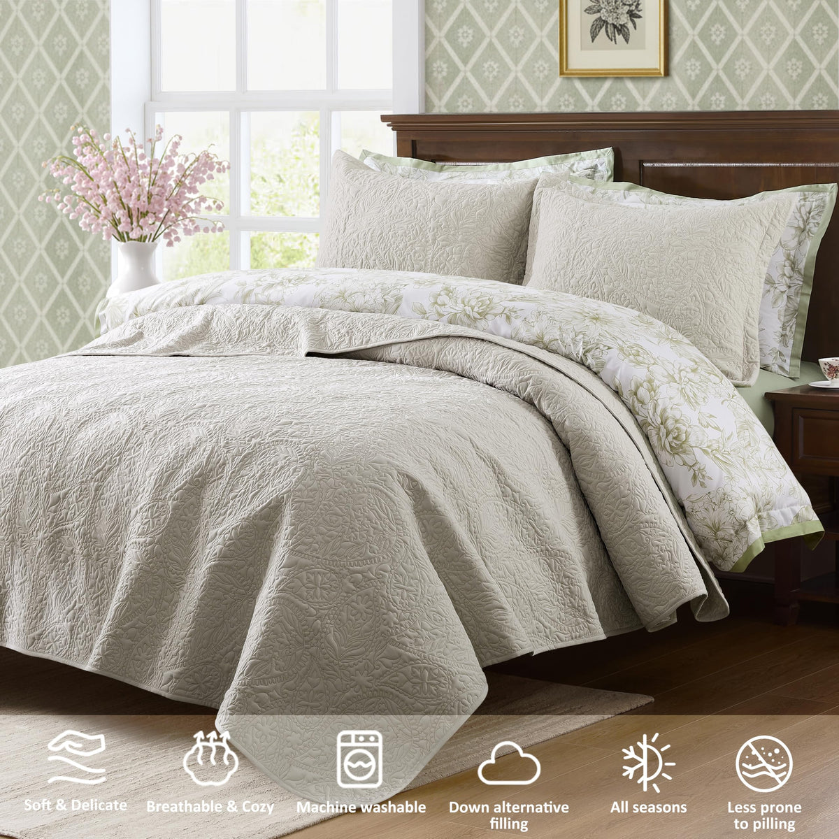 Paisley Quilt Set Queen Size, Light Beige Matelasse Lightweight Bedspread, Soft Farmhouse Rustic Coverlet, Spring