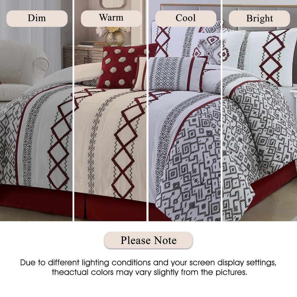 Luxury 7 Piece Cozy Comforter Set, White and Red, Embroidered Bedding Sets, Premium Microfiber, All Season