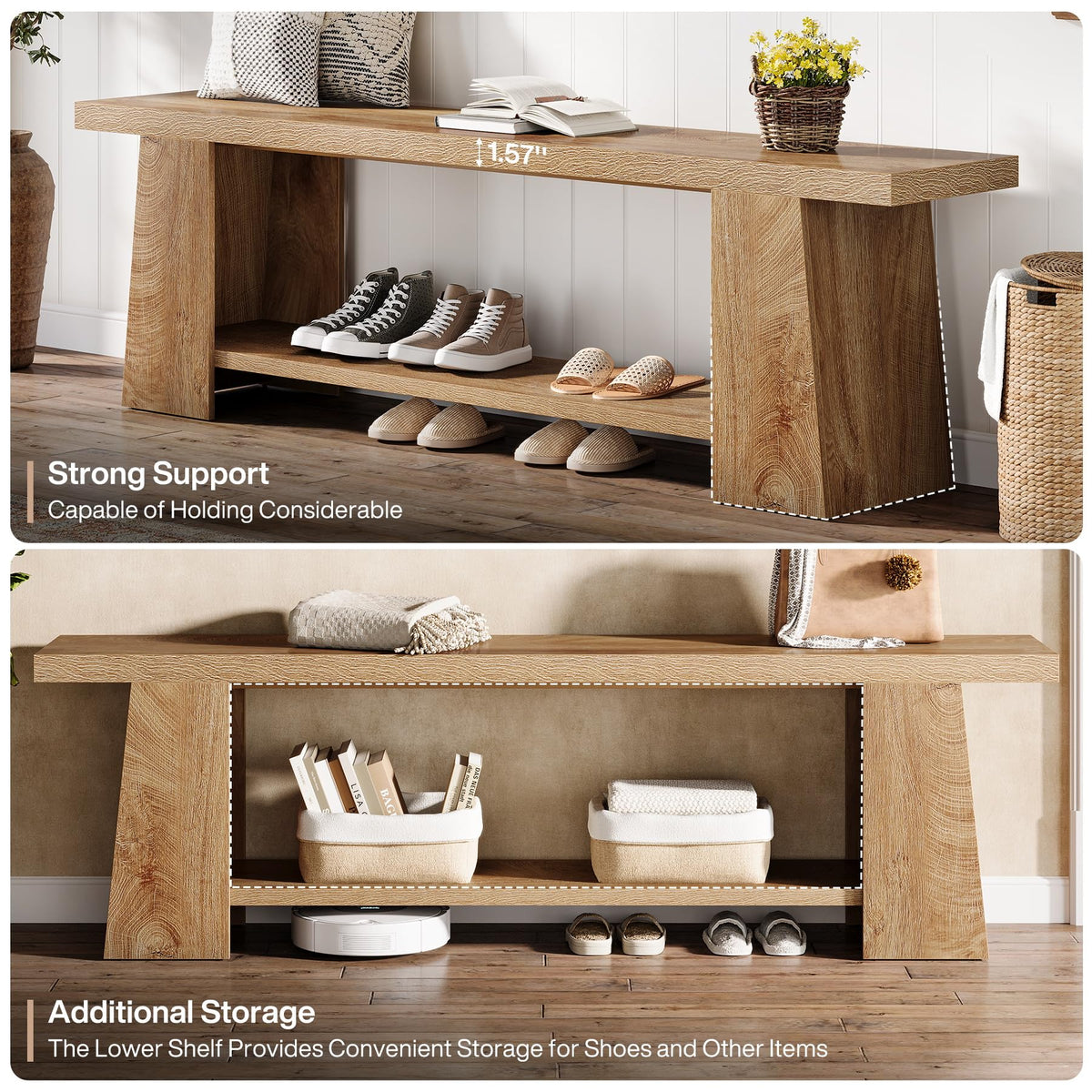 2-Tier Entryway Bench, 59-Inch Rustic Long Shoe Bench with Storage Shelves, Wood End of Bed Seat, Farmhouse Hallway