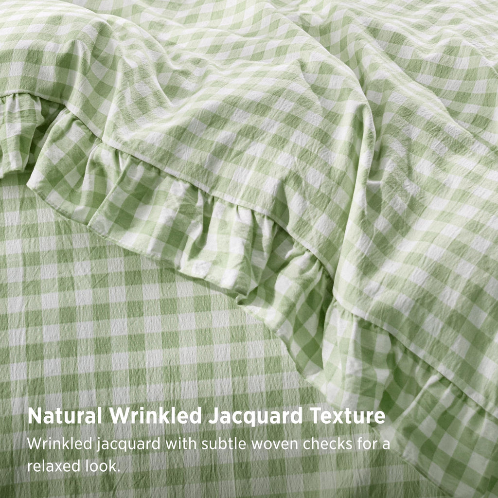 Gingham Ruffle Duvet Cover Set, King, Cotton-Like Bed, Sage Green